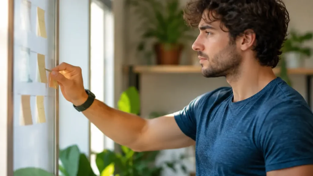 Homem organizando anotações em um quadro de planejamento para estruturar sua rotina.