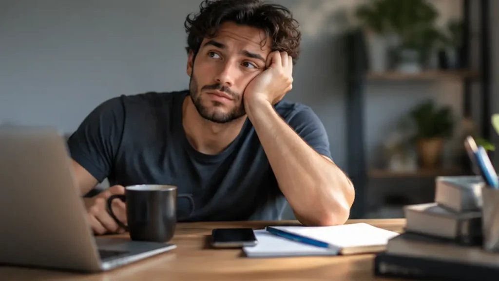 Homem sentado diante do notebook, demonstrando dificuldade para começar suas tarefas.
